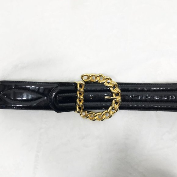Vintage 90s Black Patent Belt with Gold Tone Buckle M - Picture 2 of 8